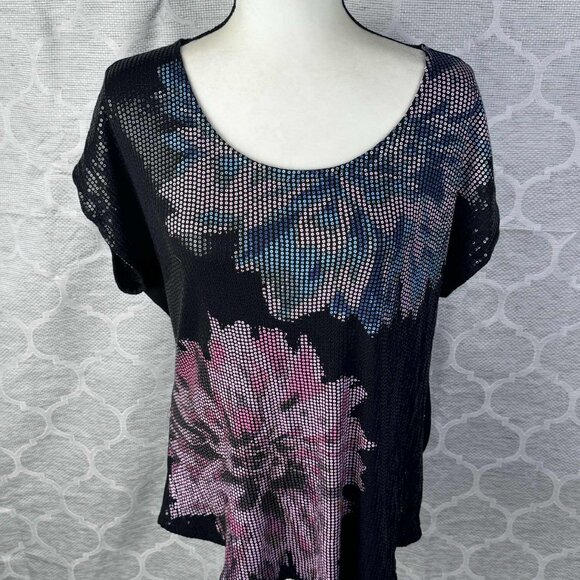 Crosby XL Black Floral Sequin Mesh Top Scoop Neck Short Sleeve Blouse Rayon - Picture 1 of 6